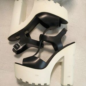 White and black block heels